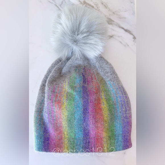 ADRIENNE LANDAU Beanie Gray with Metallic Rainbow and Faux Fur Pom